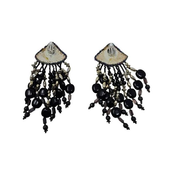 Vintage Black Beaded Fringe Earrings | 4.62" | Statement Dangle Design - Picture 4 of 4